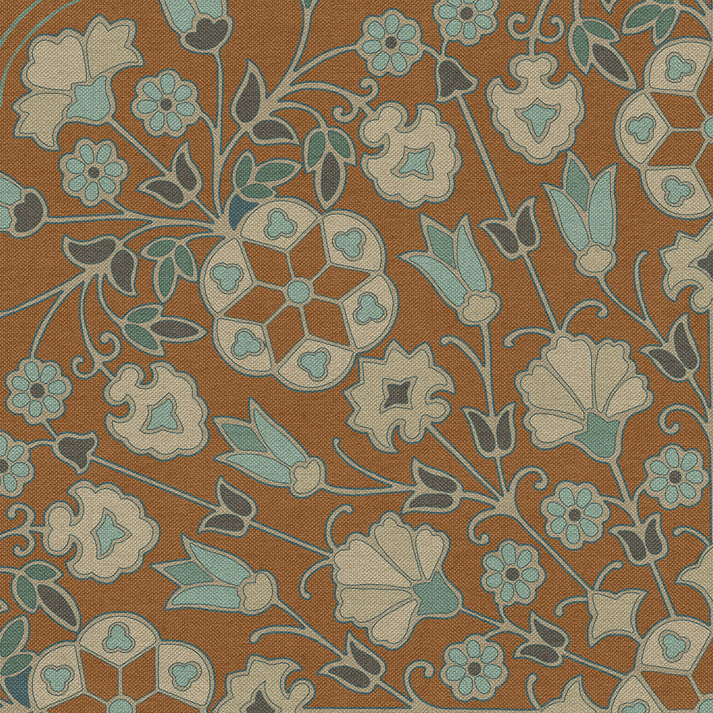 Vintage Vinyl Rug - Arabesque Bloom - Cognac and Sea Glass