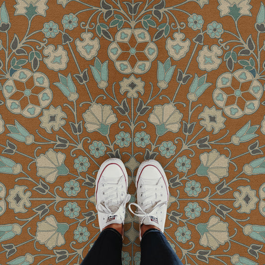 Vintage Vinyl Rug - Arabesque Bloom - Cognac and Sea Glass