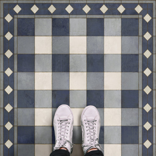 Vintage Vinyl Rug - Gingham Tile - Blue