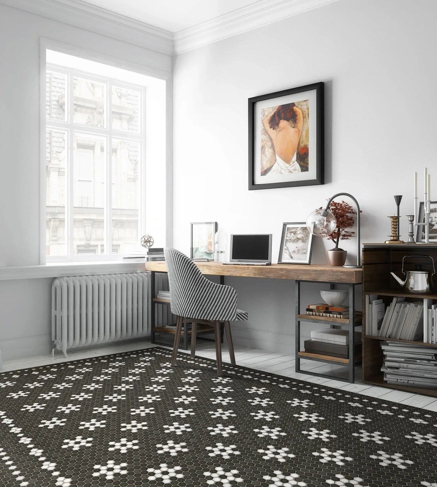 black and white mosaic tile rug in modern style living room