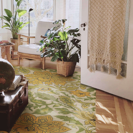 vintage vinyl rug in a decorated living room