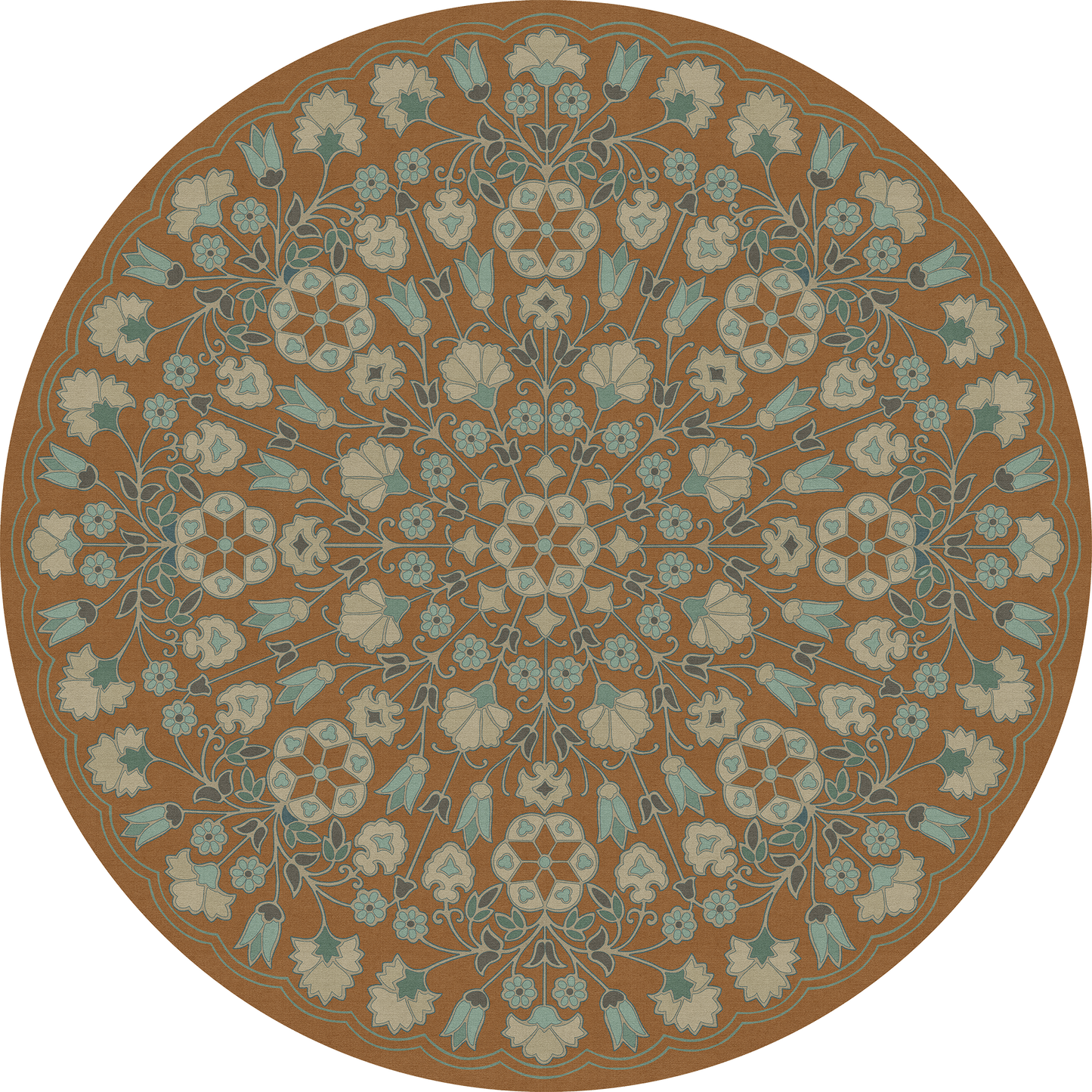 Vintage Vinyl Rug - Arabesque Bloom - Cognac and Sea Glass