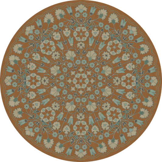 Vintage Vinyl Rug - Arabesque Bloom - Cognac and Sea Glass