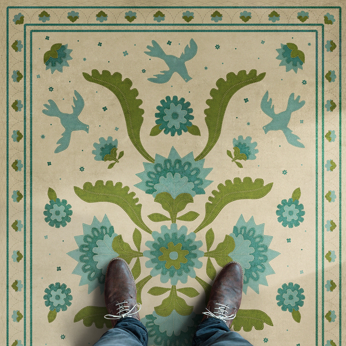 Vintage Vinyl Rug - Applique - Azure Moss