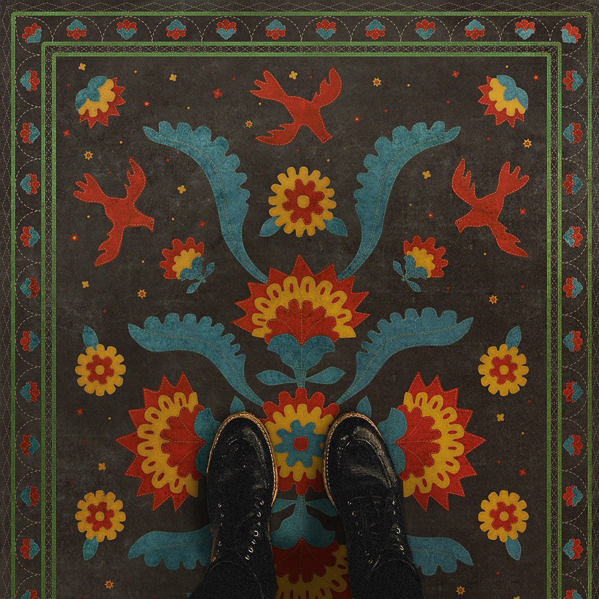 Vintage Vinyl Rug - Applique - Gossip of Swallows