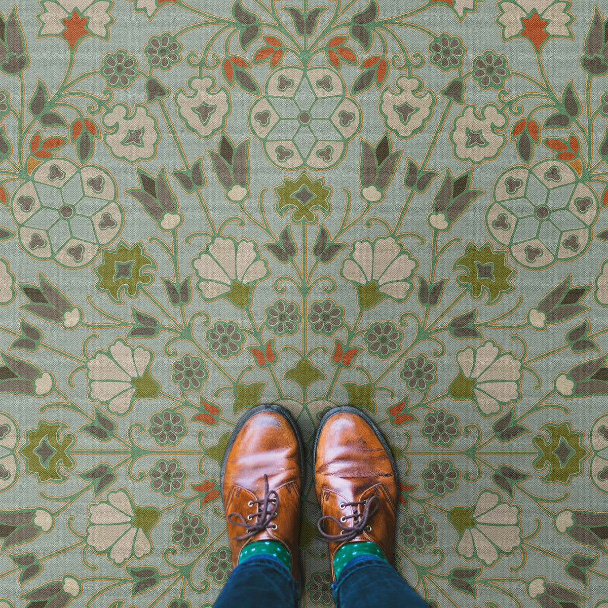 Vintage Vinyl Rug - Arabesque Bloom - Aqua Verdure