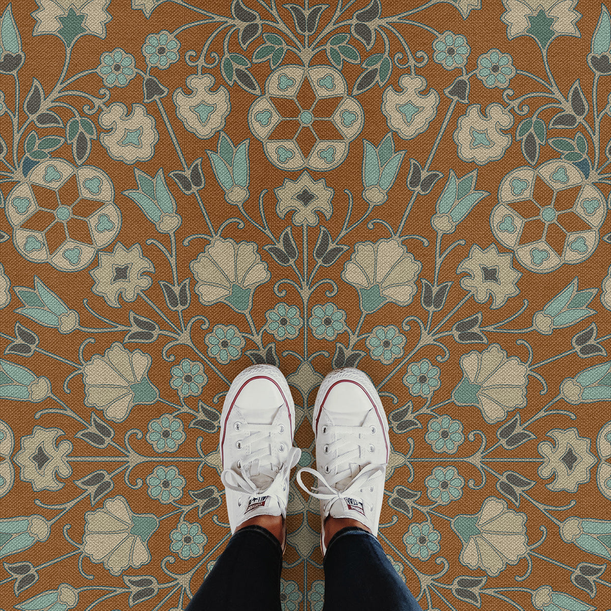 Vintage Vinyl Rug - Arabesque Bloom - Cognac and Sea Glass