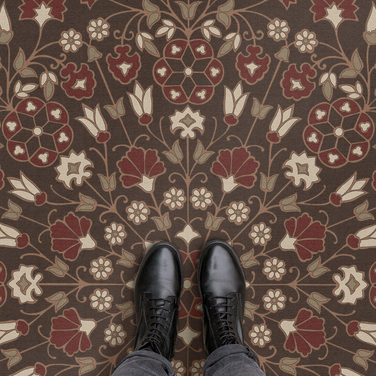 Vintage Vinyl Rug - Arabesque Bloom - Crimson Walnut