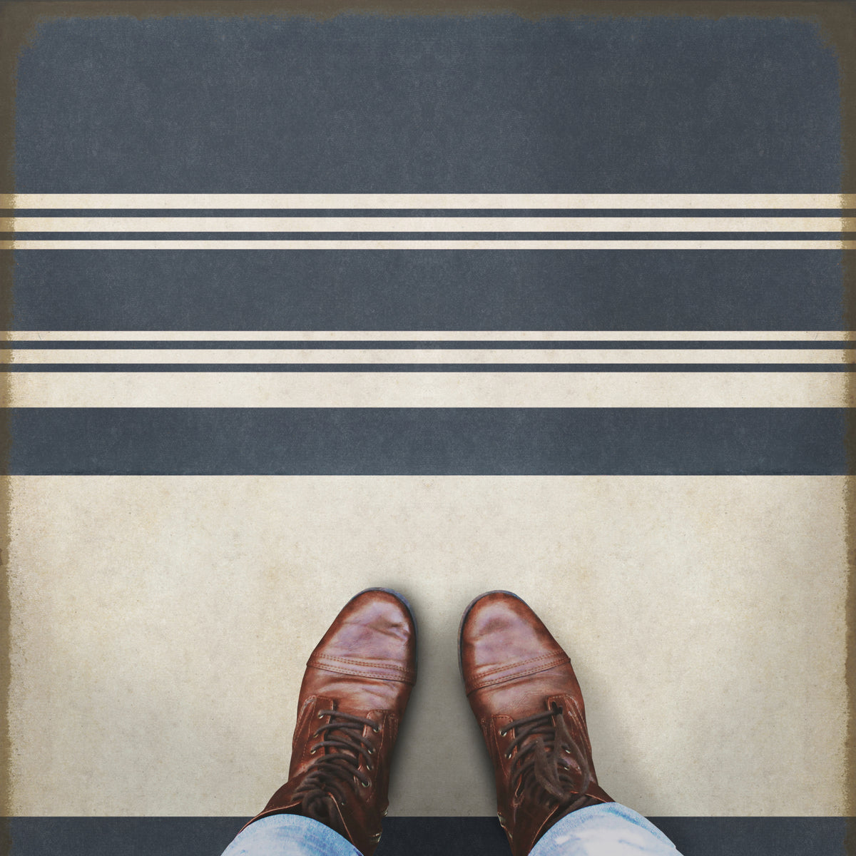 Vintage Vinyl Rug - Pattern 50 - Organic Stripes Blue and White