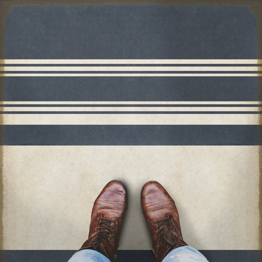 Vintage Vinyl Rug - Pattern 50 - Organic Stripes Blue and White