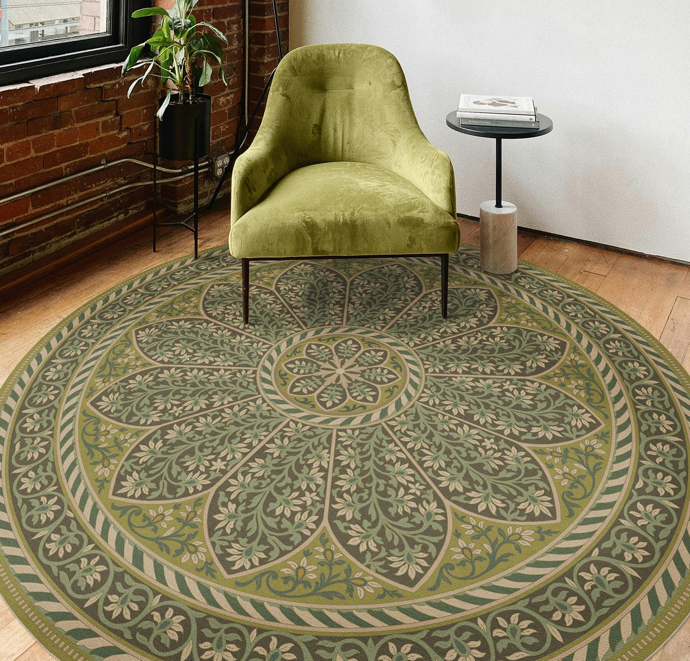 Round vintage vinyl floorcloth in a stylish sitting room