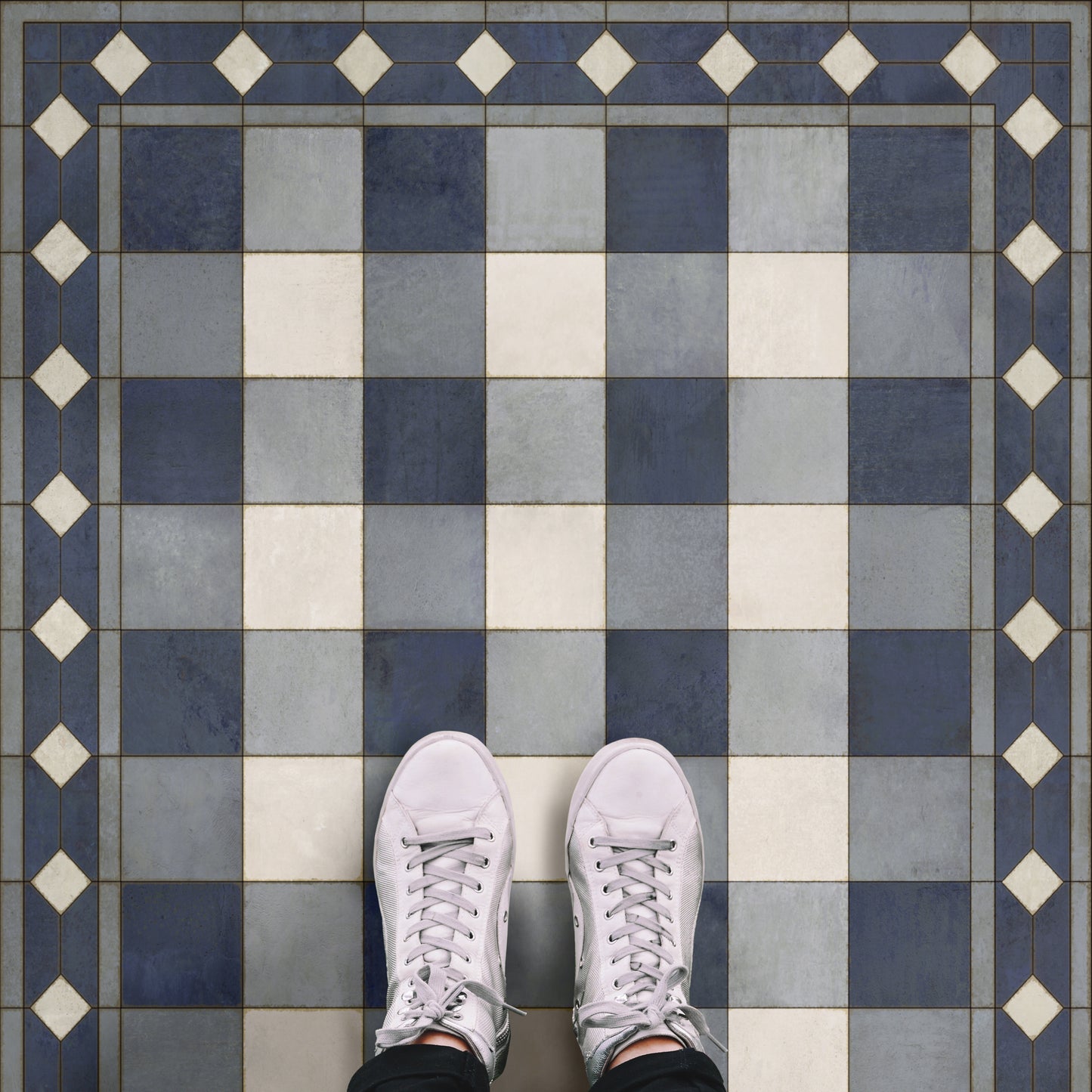 Vintage Vinyl Rug - Gingham Tile - Blue