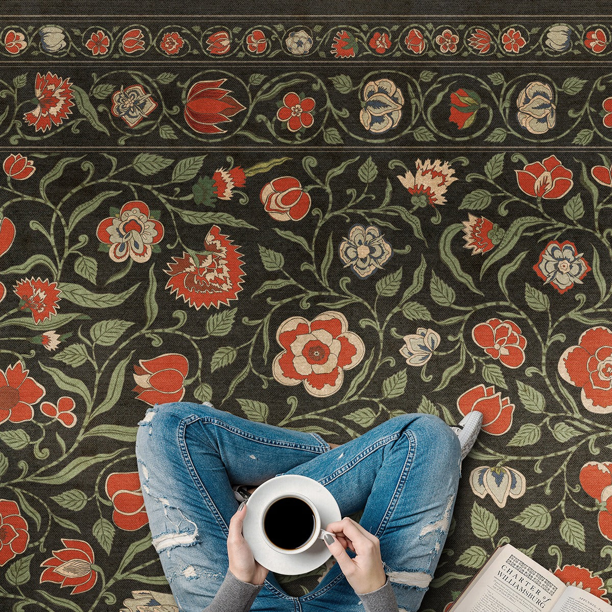 Vintage Vinyl Rug - Antique Floral - Where You Go I Will Go