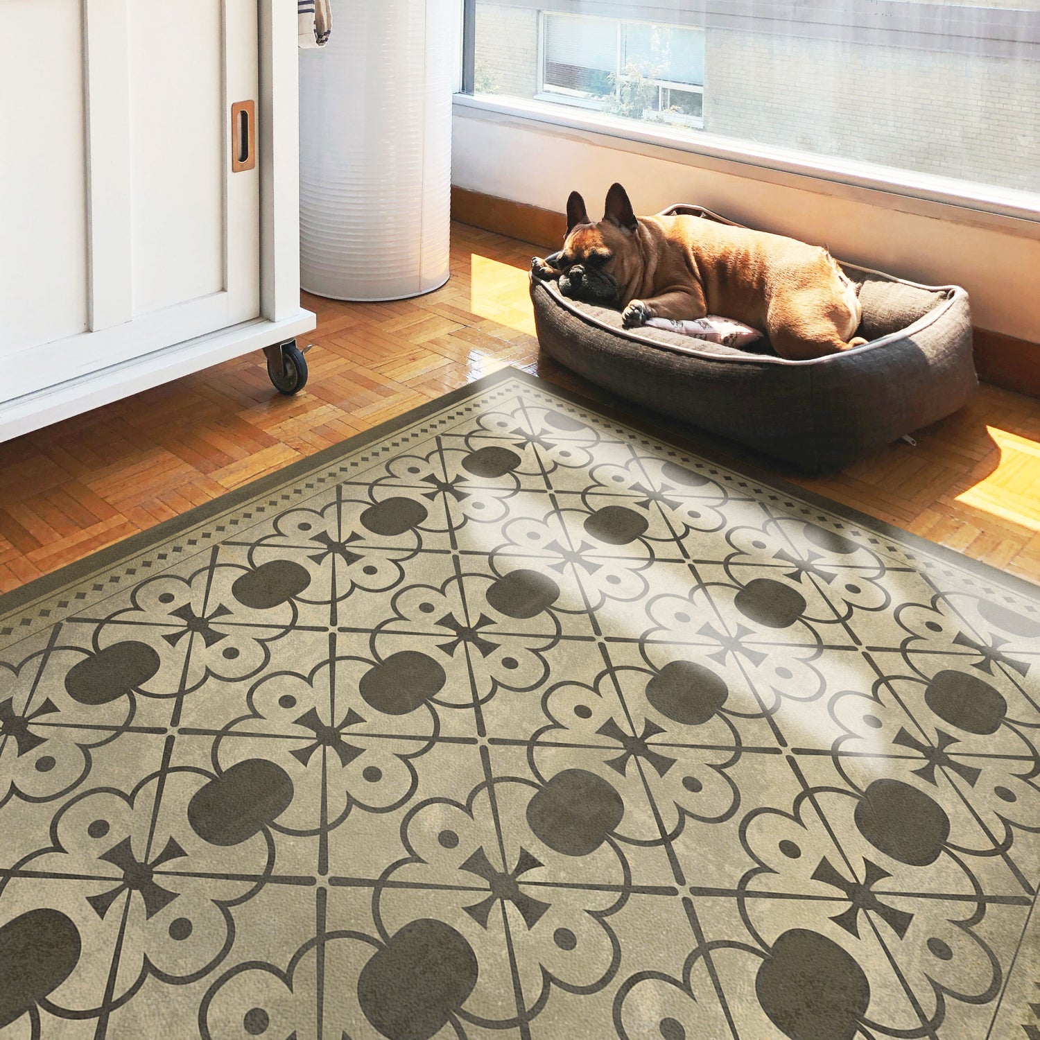 an olive green patterned vinyl rug